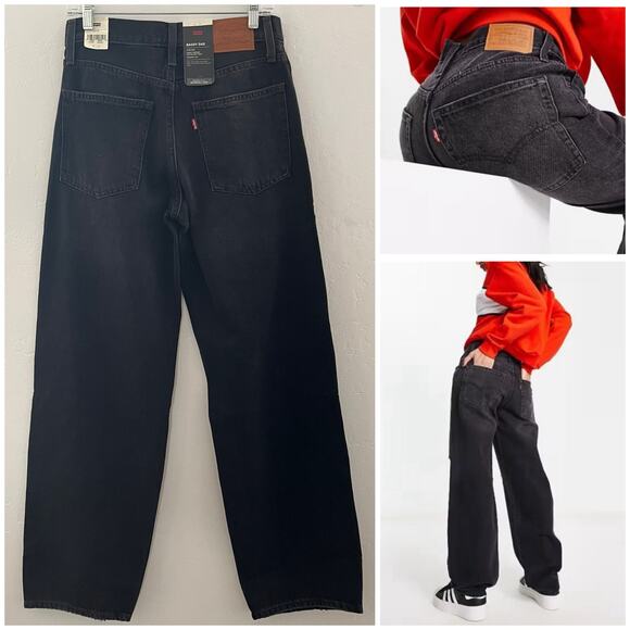 Levi's Baggy Dad Jeans Women's 26x32 Black Straight Leg Mid-Rise Distressed NWT - Picture 2 of 13